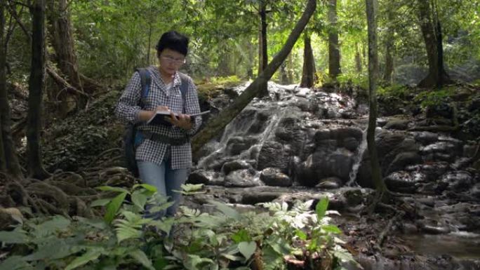 在森林瀑布附近工作的女性生态学家。检查和检查植物。