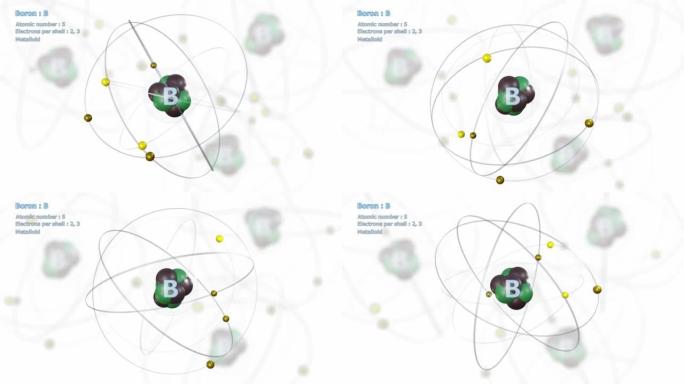 带有5个电子的硼原子在带有原子的白色上无限轨道旋转