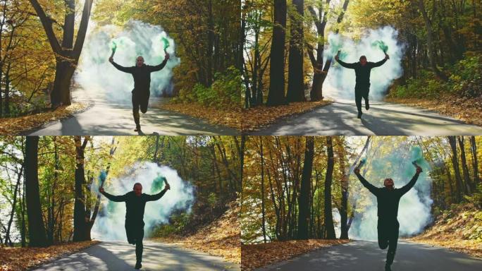健康的运动员沿着森林道路奔跑，五颜六色的秋叶举着高空燃烧的耀斑拖着烟雾