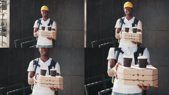 年轻的非洲送货员穿着白色制服，带着披萨盒，午餐盒和咖啡，看着相机微笑，准备为客户服务。送货服务，外卖