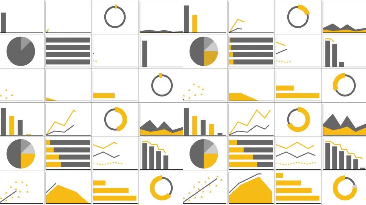 大信息图表集。橙色和灰色不同图表的动画。4k分辨率动画
