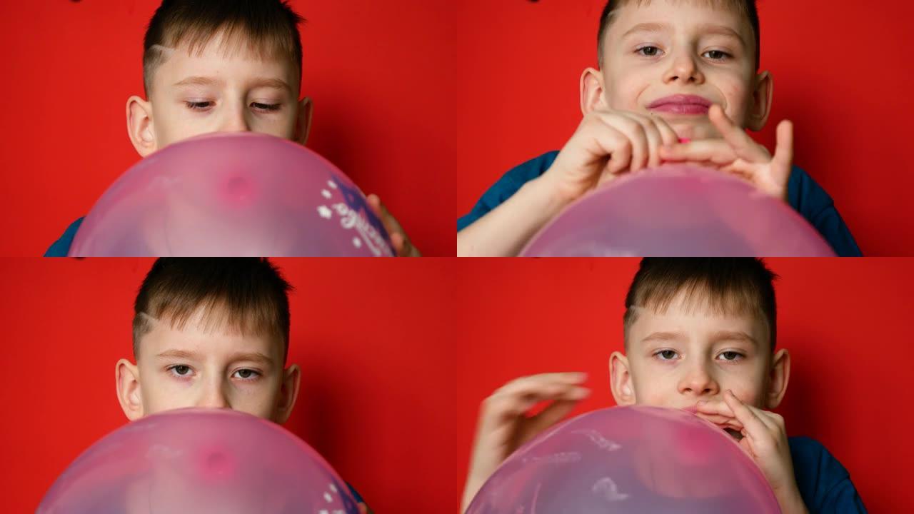 一个7岁快乐的高加索男孩在红色背景上充气气球的肖像。工作室拍摄。孩子为庆祝活动充气气球。节日气氛，用
