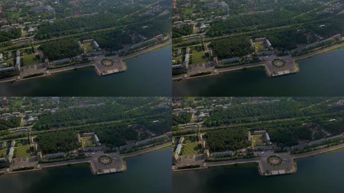 叶尼塞河附近的Divnogorsk市的美丽无人机镜头