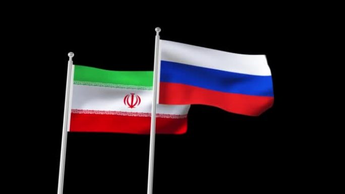 俄罗斯和伊朗国旗无缝挥舞动画。俄罗斯和伊朗背景，4k分辨率视频。在以天空为背景的旗杆上悬挂着两面政府