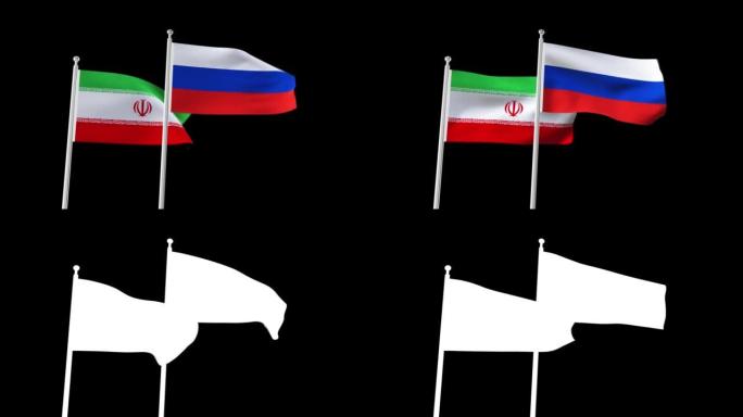 俄罗斯和伊朗国旗无缝挥舞动画。俄罗斯和伊朗背景，4k分辨率视频。在以天空为背景的旗杆上悬挂着两面政府