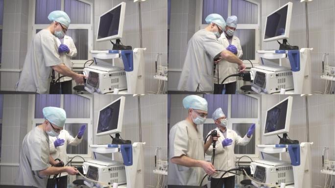 医生和他的助手准备工作的医疗设备，在手术前医生工作