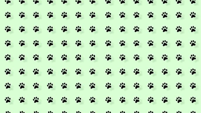 绿色背景上有阴影的猫爪子的彩色图案。猫爪无缝图案。顶视图。动物轮廓。4k视频运动