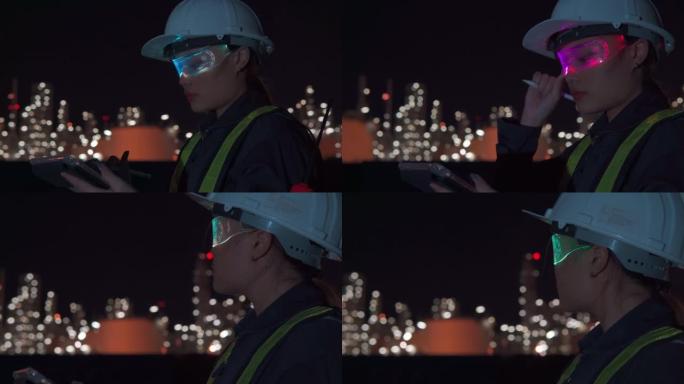 女主管利用数字平板电脑配合未来派现实技术夜间检查石化厂