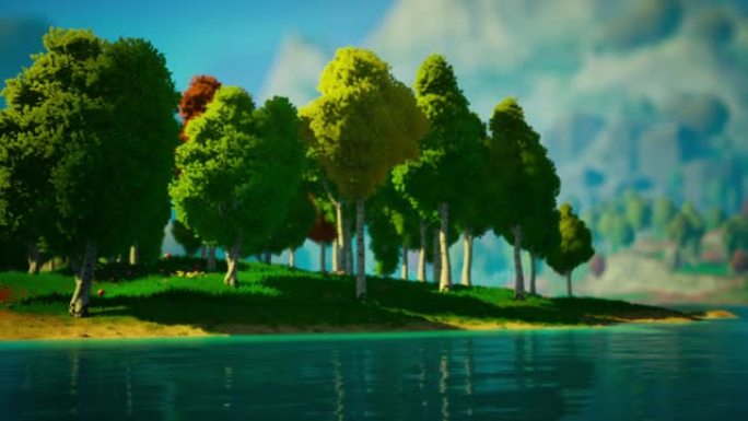 带有树木和湖泊的卡通绿色森林景观