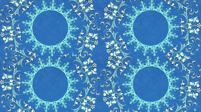 装饰复古仿古花卉巴洛克装饰，文艺复兴复古维多利亚优雅曼陀罗，皇家锦缎背景，圆形旋转蕾丝框架，蓝色自然