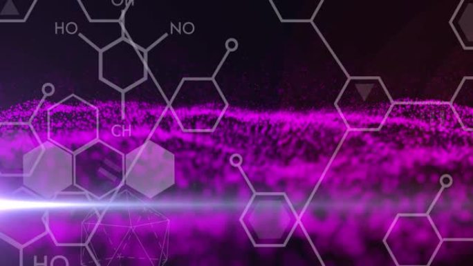 黑色背景上带有紫色网格的化学结构动画