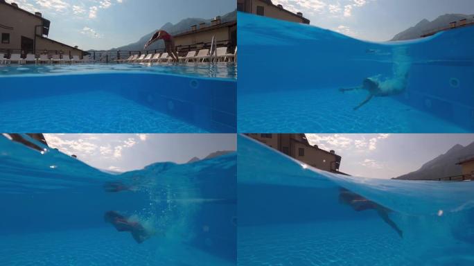 女度假者在酒店游泳池游泳