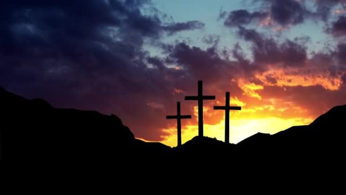 古耶路撒冷外的加略山，耶稣基督被钉在十字架上。黑暗的天空和光线。
