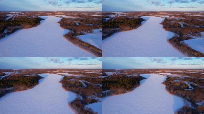 冬季森林中冻湖的鸟瞰图