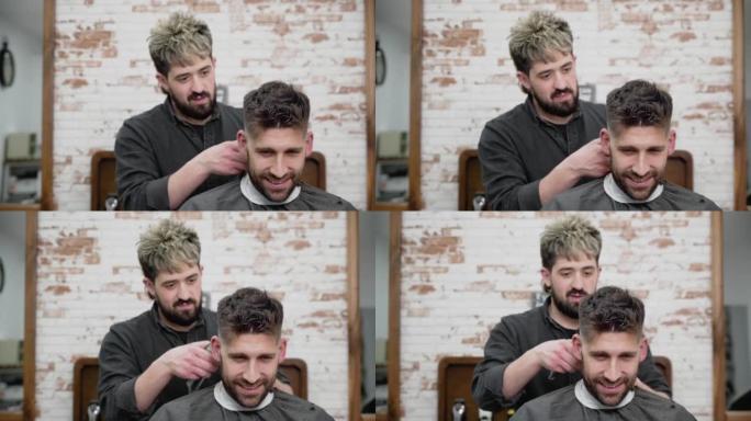 男人理发师在理发店用剪刀剪发男客户的头发。发型设计过程。慢动作特写。高质量全高清镜头