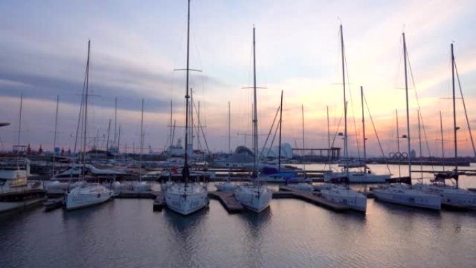 青岛奥帆中心帆船码头和日落