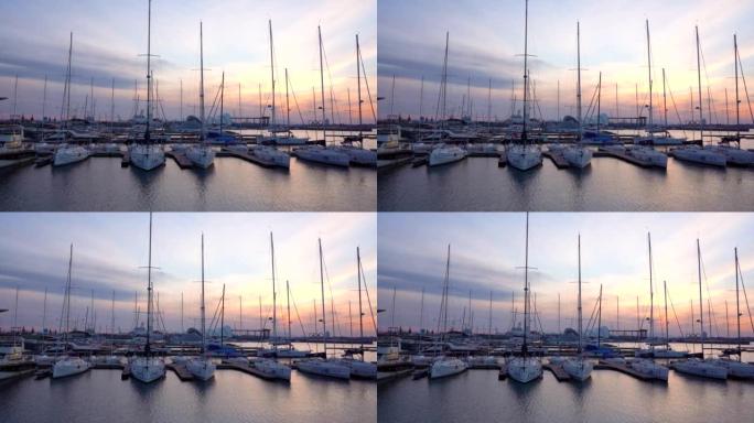 青岛奥帆中心帆船码头和日落