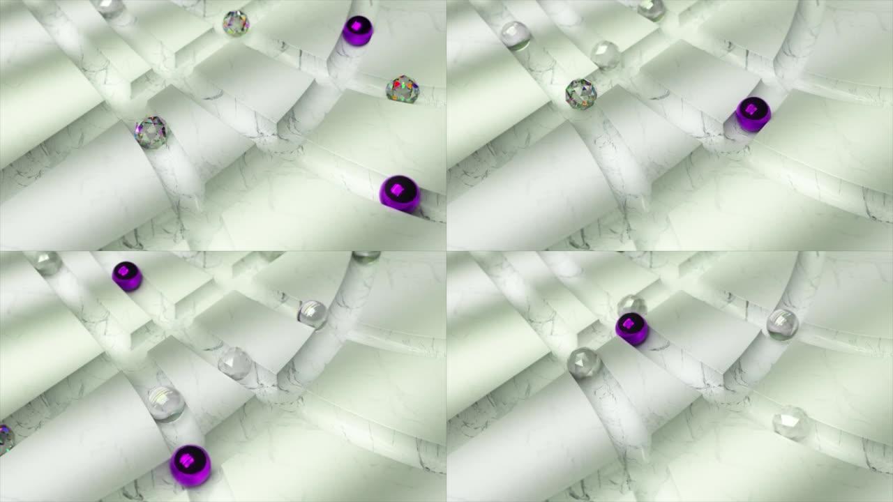 钻石，金属和玻璃球滚动穿过白色大理石迷宫。无缝循环的3d动画