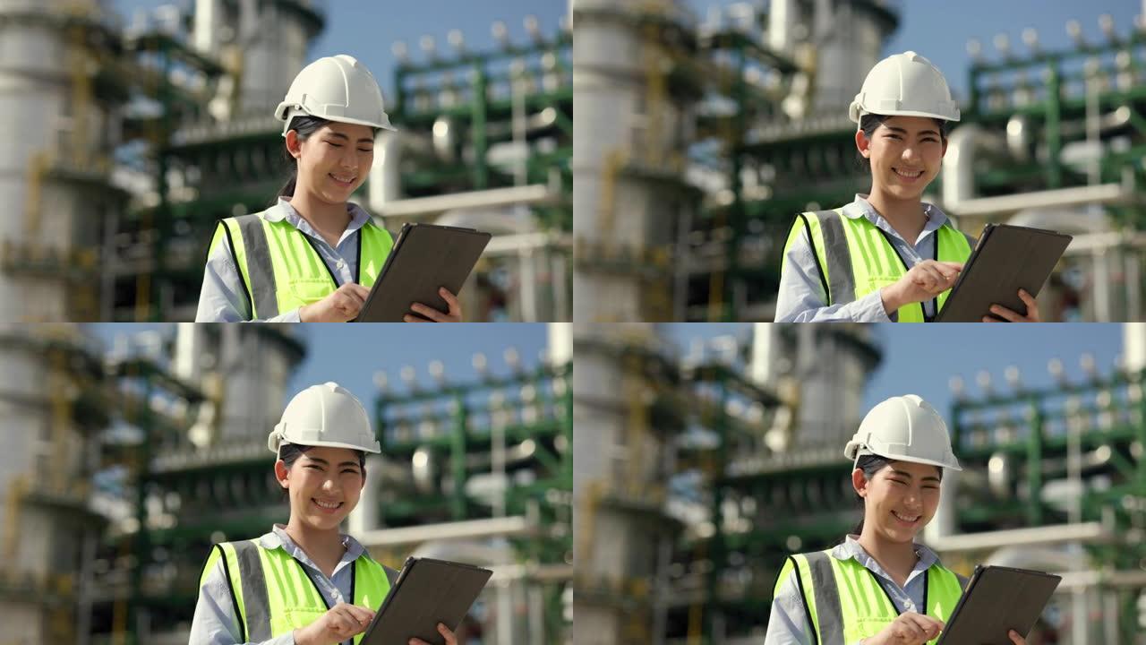 亚洲工程师经理，戴白色安全帽，手持平板站在炼油厂前。工业园区天然气石化。工厂储油罐及管道。建筑工人。