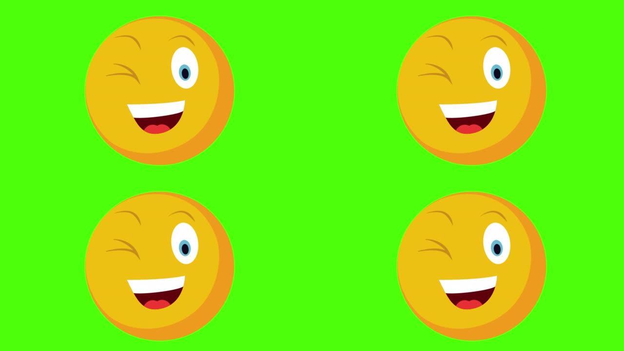 绿色背景上的黄色圆形脸微笑和眨眼的3D动画