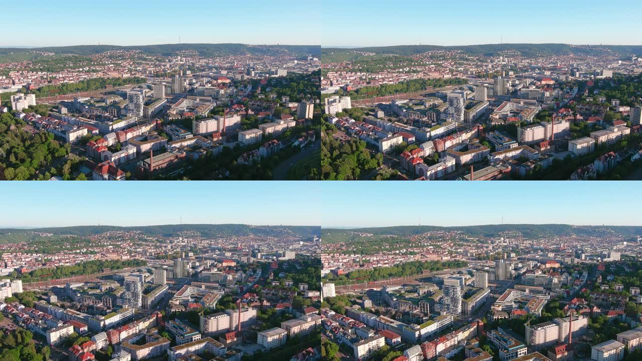 斯图加特: 日落时德国城市的鸟瞰图，城市中心，融合了现代和历史建筑-从上方看欧洲景观全景