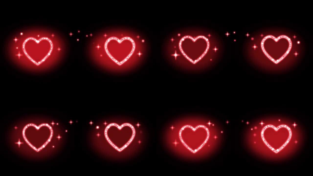 动画红色心形漂浮在黑色背景上。