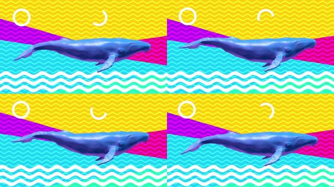 游泳蓝鲸。具有几何形状的抽象艺术概念。创意现代运动风格的现实3d角色动物。最小图形彩色迷幻孟菲斯设计