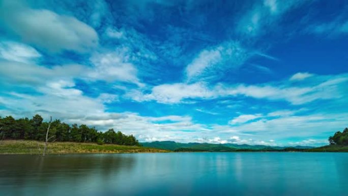 蓝天和移动的云和反射的Transquil湖，Timelaspe视频