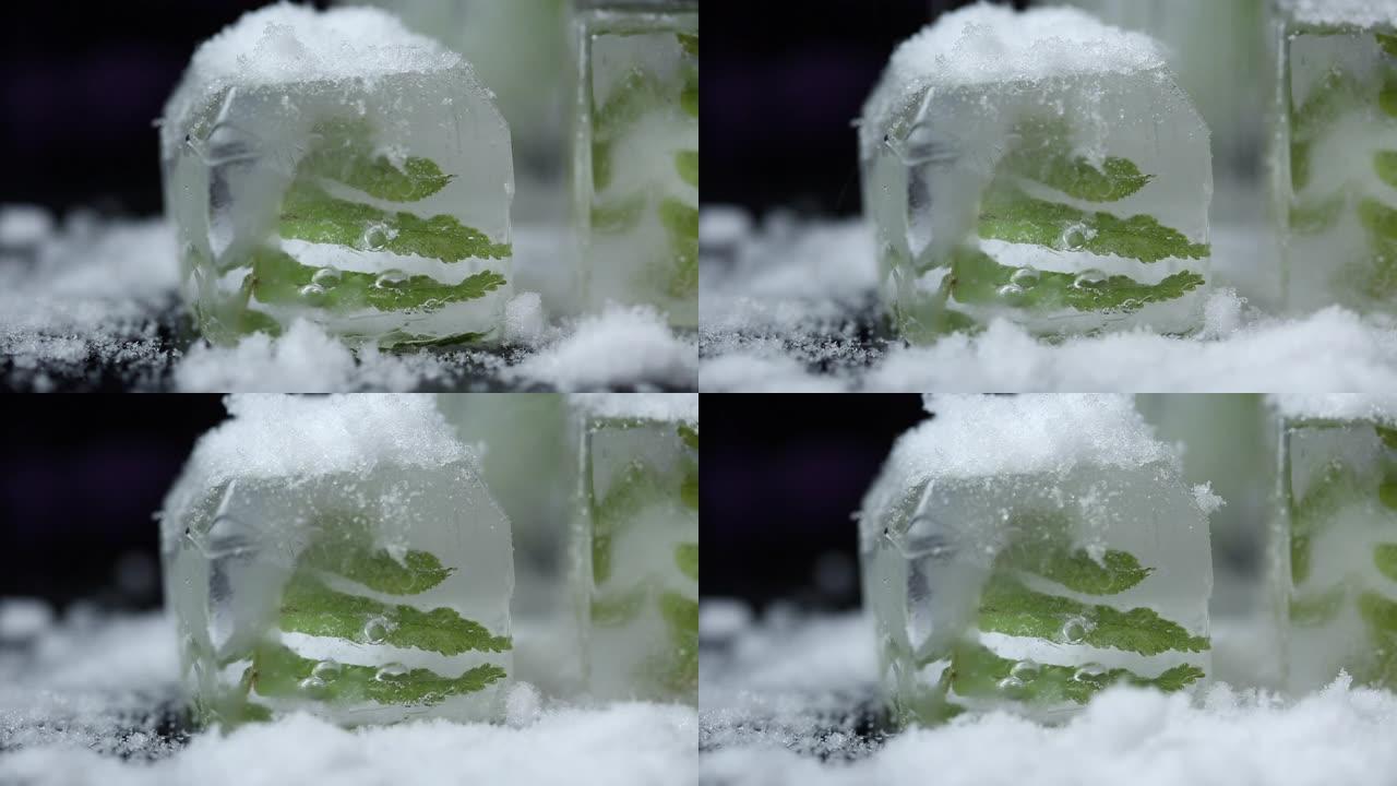 选择性聚焦，天然水晶透明融化的冰块和新鲜的绿色蕨叶背景。宏