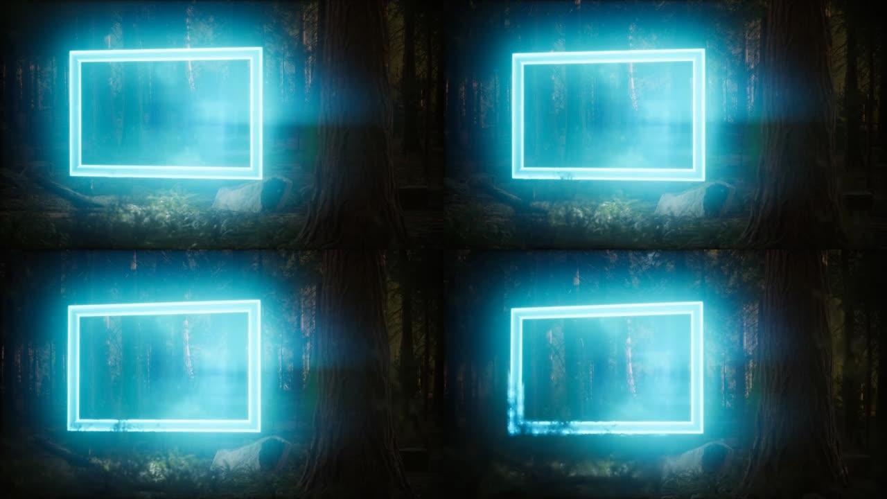黑夜森林中的霓虹发光矩形框架