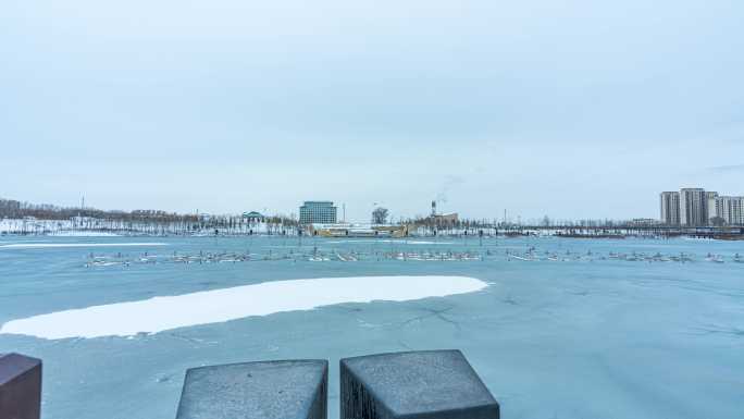 甘肃庆阳东郊湖湿地公园冬季大范围延时