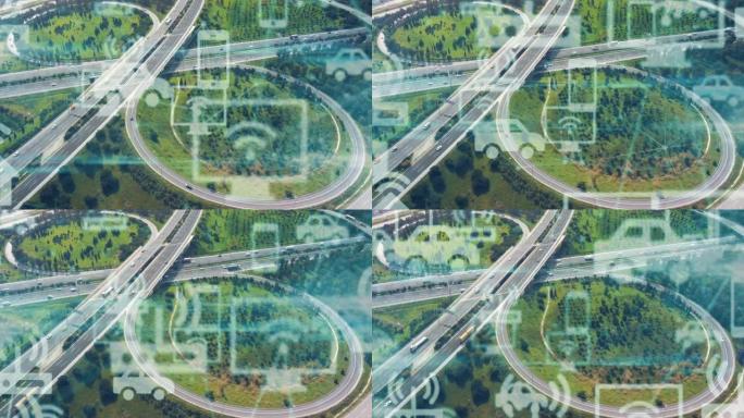 现代公路鸟瞰图和各种图表。交通和技术概念。智能交通系统。移动性即服务。