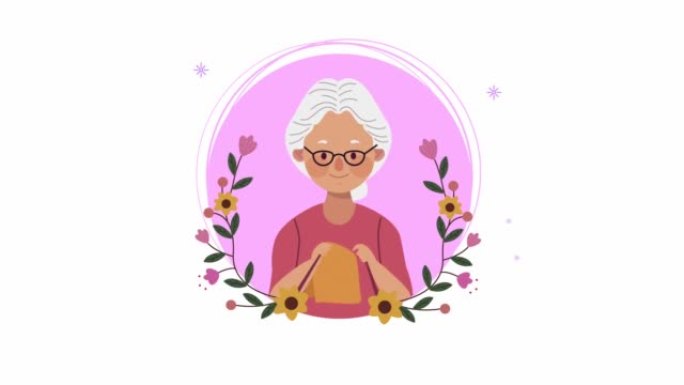 祖母用花缝制人物动画