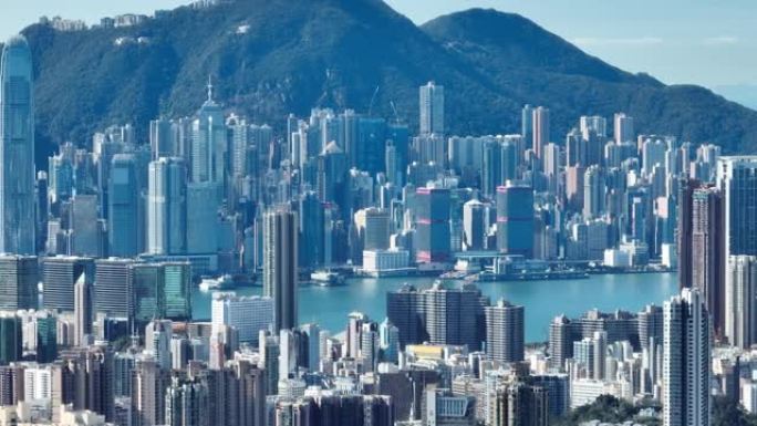 香港中区4k远程变焦视图-从天空看慢速俯视角度。