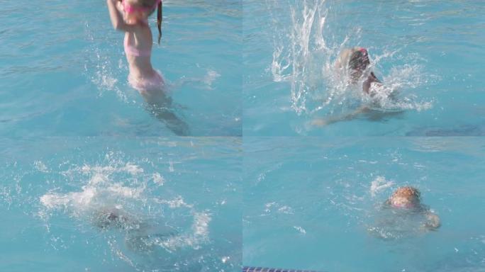 小女孩在游泳池游泳，孩子玩得开心，泼水，跳跃。暑期旅游家庭酒店度假游客