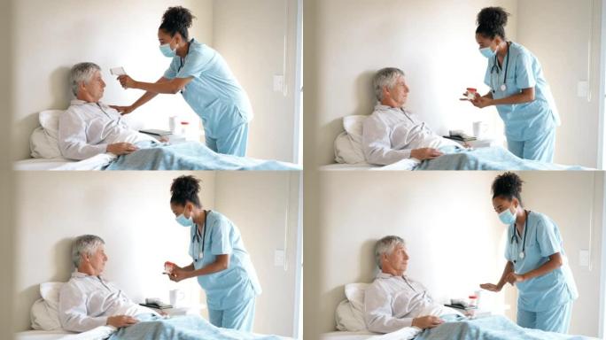 女护士为卧床老年患者提供处方药
