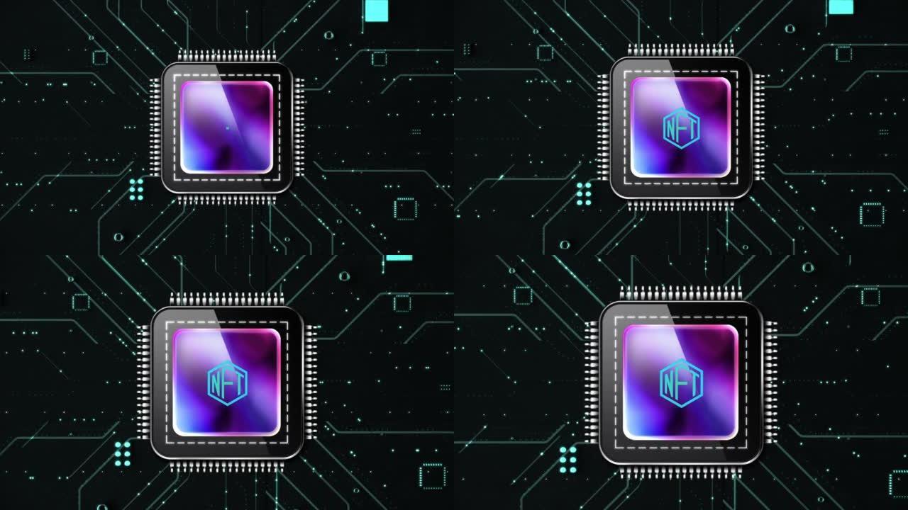 概念3d渲染动画主板CPU处理器微芯片启动霓虹灯数据信息处理NFT加密艺术标志，不可替代的令牌。