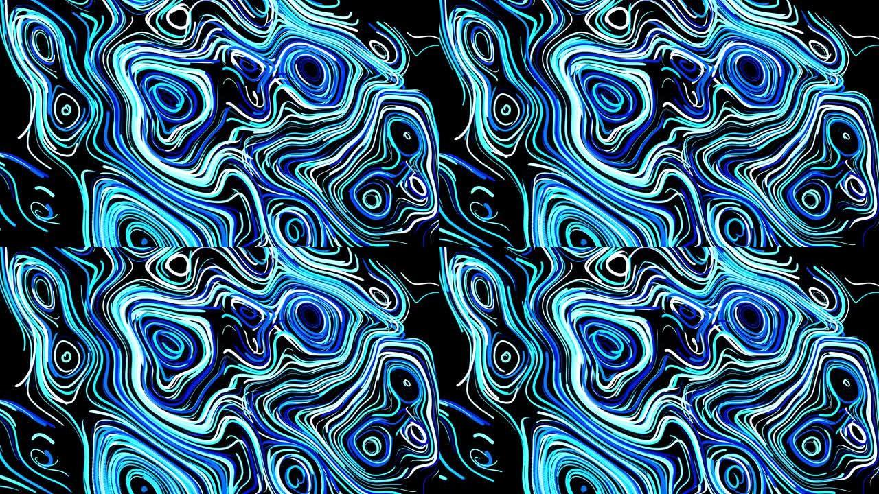 抽象创意循环bg，表面上有卷曲的线条，像蓝色的痕迹。线条形成像卷曲噪音一样的漩涡图案。抽象3d循环流