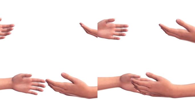 两只双手互相伸出，孤立在白色背景上。人的社会联系和心理关系的概念。3d数字动画。