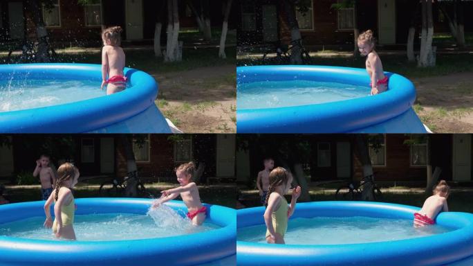 小女孩在游泳池里泼水。