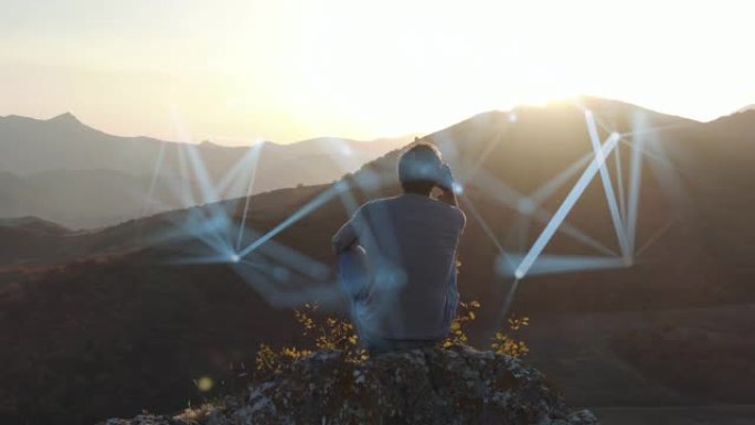 精神卫生保存的概念。日落时，一个人坐在悬崖顶上，试图整理自己的思想。通过计算机图形学可视化集中的过程