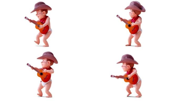 有趣的3D卡通牛仔婴儿弹吉他