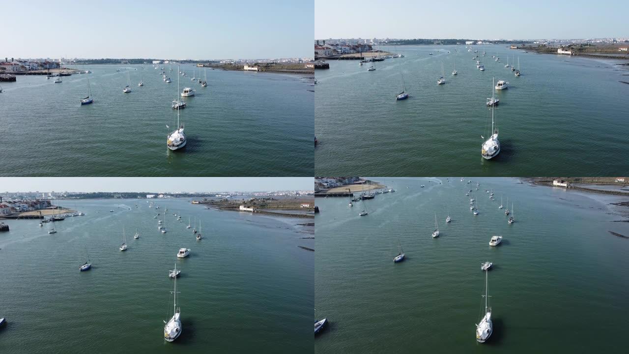 水湾，帆船停泊在河上，无人机上升