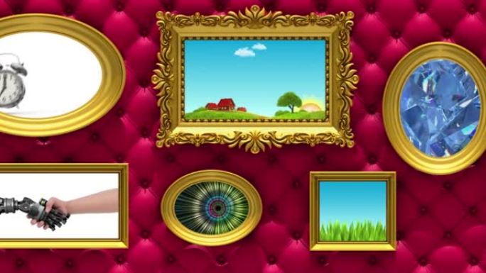 图片库3d动画。豪华红色室内装饰背景上的金色相框。在这些帧中播放各种视频。摄像机沿着墙壁移动，无缝循