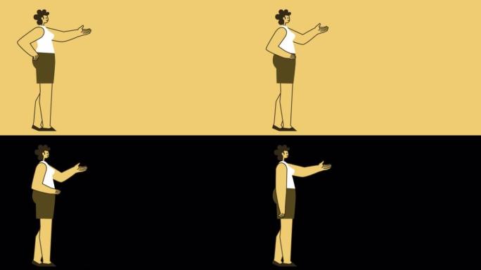 黄色风格的女人扁平角色在黄色背景上讲述和演示。带有Alpha通道的孤立循环动画