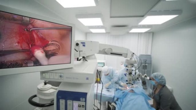 外科团队使用现代技术，最新设备，现代临床中的显微镜制作斜视手术