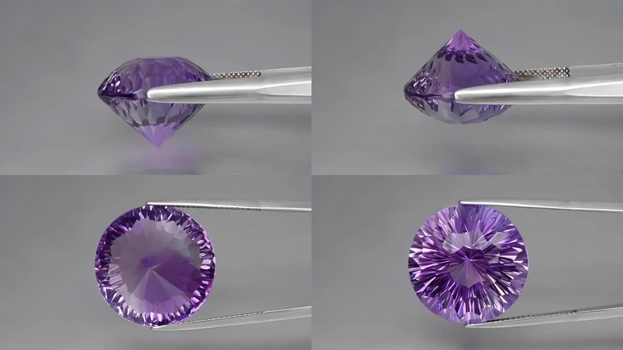 背景上镊子中的天然圆形凹形切割紫水晶