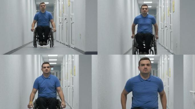 一个坐在轮椅上的人开着车走过走廊。一个残疾人在医院里走来走去。