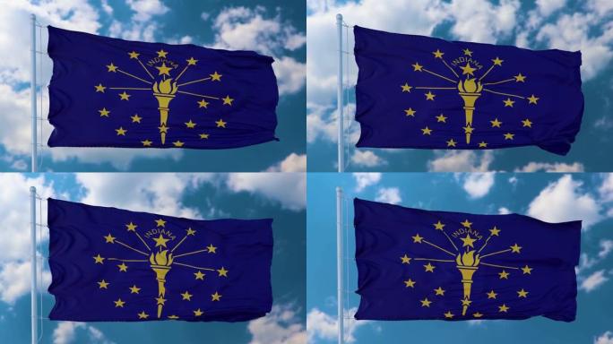 印第安纳州的国旗挂在旗杆上，在天空中迎风飘扬。美国的印第安纳州