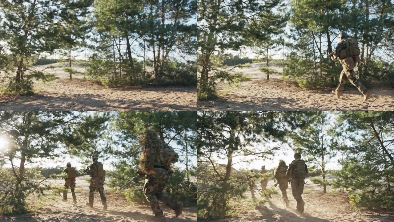 士兵们在沙地上、在树林中的训练场上列队奔跑，手持步枪，穿着制服，戴着头盔，保卫领土，进行军事演习，进